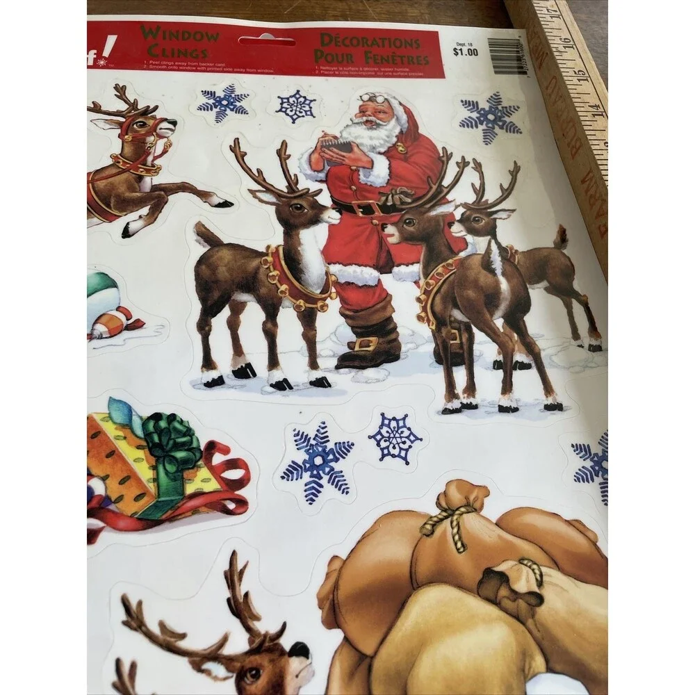 3 Vintage Christmas Vinyl Window Clings Santa Face Reindeer Sleigh Presents CUTE
